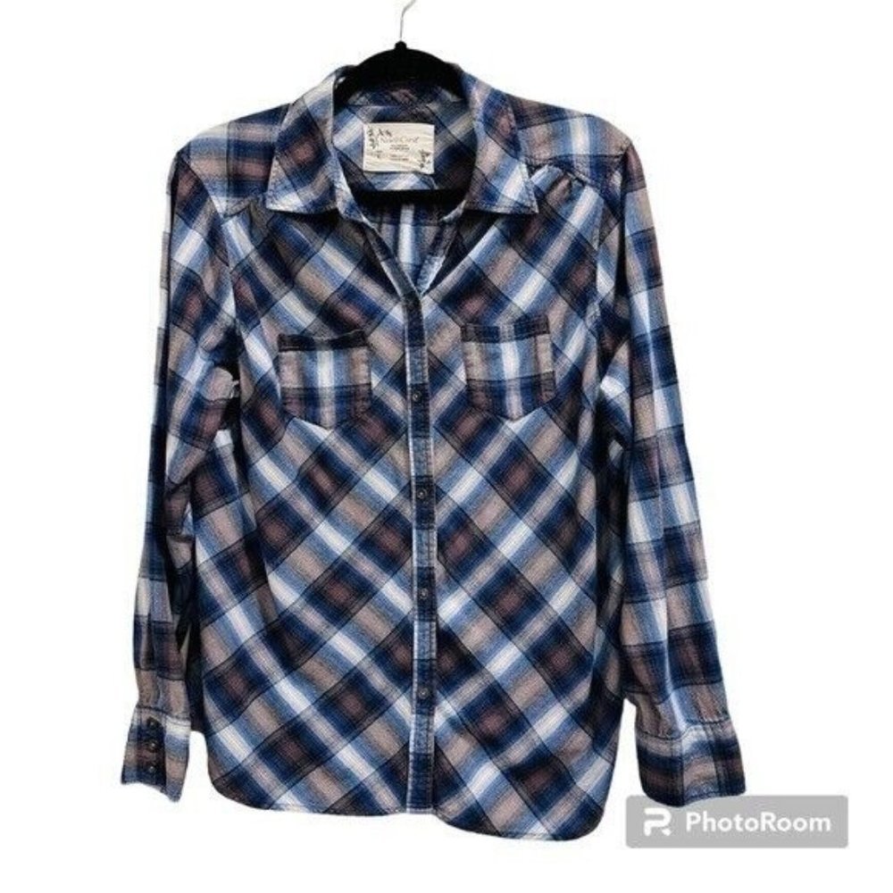 North Crest Women’s Shirt Size Large Blue Plaid 100% Cotton Button Blouse